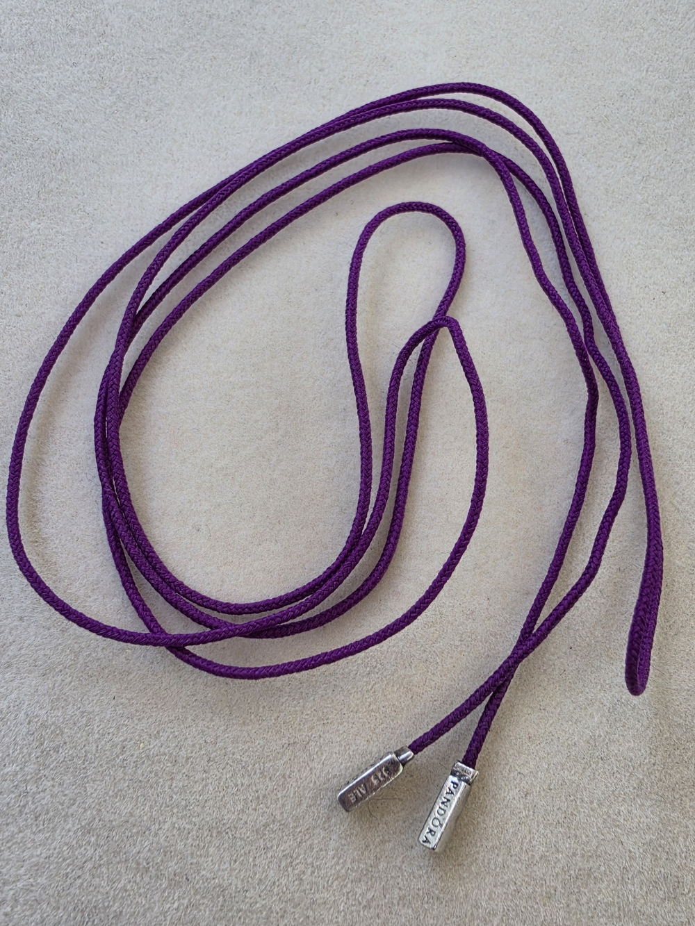 Authentic Pandora Purple Braided Lariat Fabric Neck Cord Sterling Silver Tips